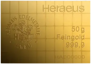 Rückseite Goldbarren CombiBar Goldtafel 50x1 Gramm in spezieller Blisterkarte mit Zertifikat, der Hersteller Heraeus