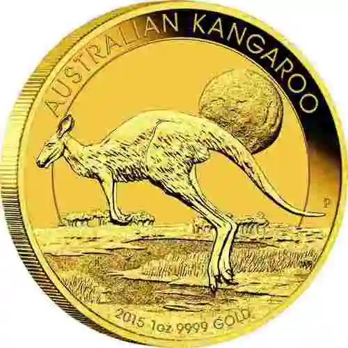 Seitenansicht Vorderseite Goldmünze 1 Unze Australian Känguru 2015, der Hersteller Perth Mint Australia