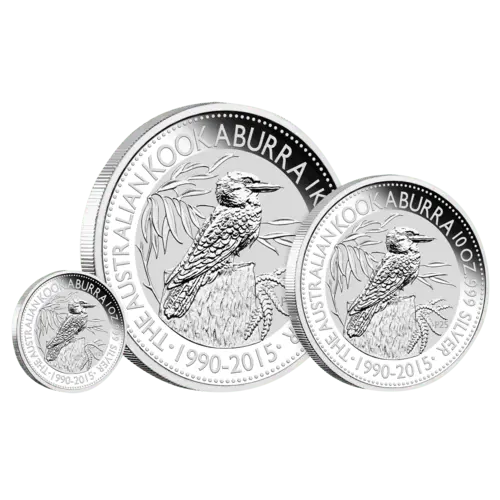 Verschiede Größen der 10 Unzen Silber Kookaburra 2015 von Hersteller Perth Mint