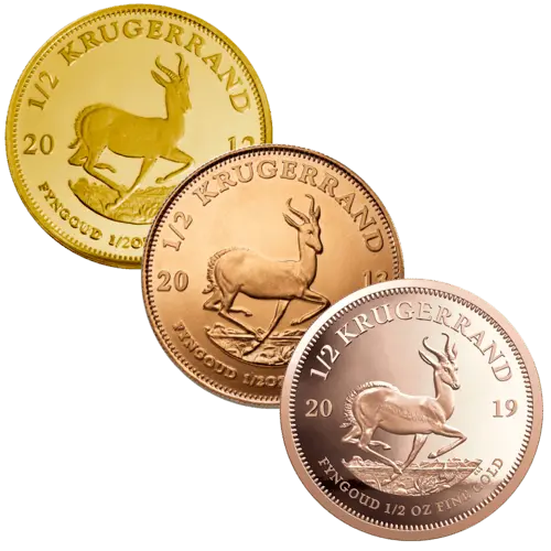 Vorderseite 3 Goldmünzen 1/2 Unze Krügerrand diverse Jahrgänge, der Hersteller South African Mint