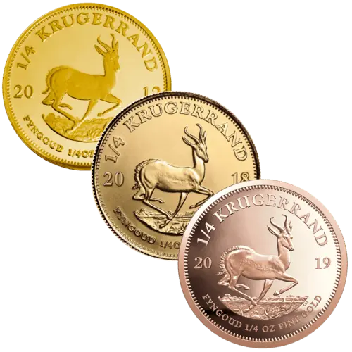 Vorderseite 3 Goldmünzen 1/4 Unze Krügerrand diverse Jahrgänge, der Hersteller South African Mint