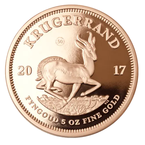 Vorderseite Goldmünze 5 Unzen Krügerrand 50th Anniversary 2017 - Polierte Platte, der Hersteller South African Mint