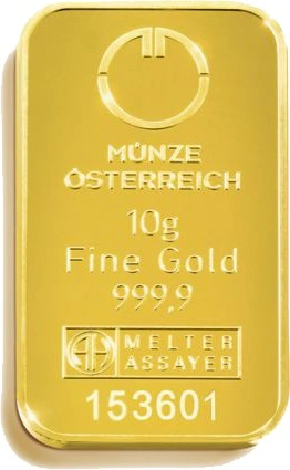 Vorderseite Goldbarren Kinebar Lipizzaner 10 Gramm, der Hersteller Münze Österreich