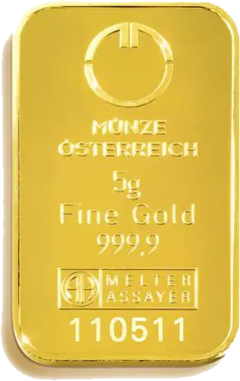 Vorderseite Goldbarren Kinebar Lipizzaner 5 Gramm, der Hersteller Münze Österreich