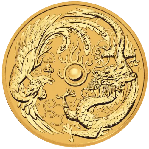 Vorderseite Goldmünze 1 Unze Australien Dragon & Phoenix 2018, der Hersteller Perth Mint Australia