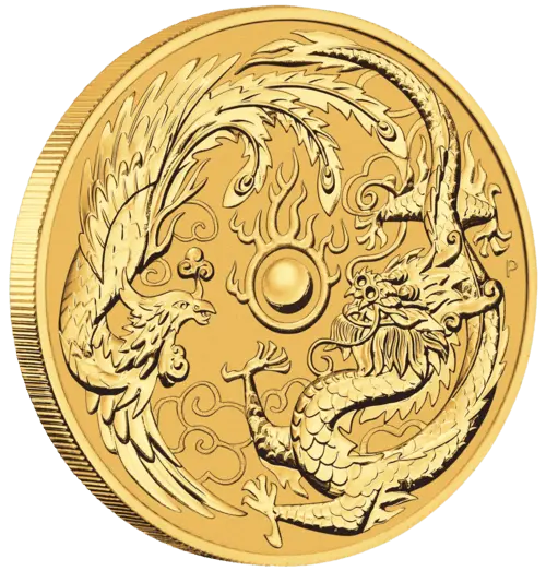 Seitenansicht Vorderseite Goldmünze 1 Unze Australien Dragon & Phoenix 2018, der Hersteller Perth Mint Australia