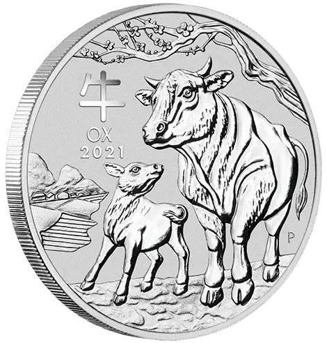 Vorderseite und Rand der 1 Unze Silber Lunar III Ochse 2021 von Hersteller Perth Mint