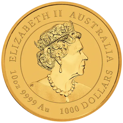 Rückseite Goldmünze 10 Unzen Lunar III Tiger 2022, der Hersteller Perth Mint Australia