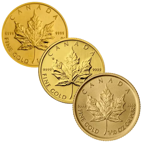 Vorderseite Goldmünze 1/10 Unze Maple Leaf diverse Jahrgänge, der Hersteller Royal Canadian Mint	