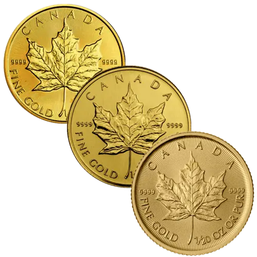 Vorderseite 3 Goldmünzen 1/20 Unze Maple Leaf diverse Jahrgänge, der Hersteller Royal Canadian Mint