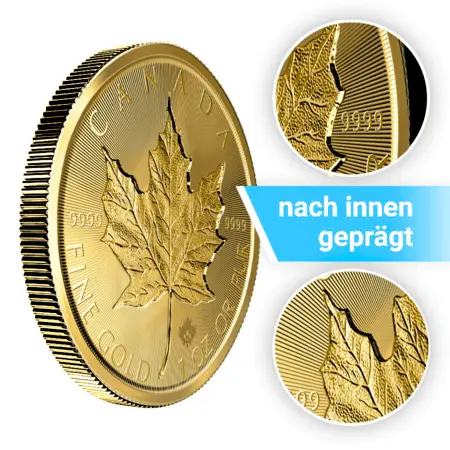 Seitenansicht mit vergrößerten Abbildungen Goldmünze 1 Unze Maple Leaf Incuse 2019, der Hersteller Royal Canadian Mint