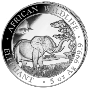 Vorderseite der 5 Unzen Silber Somalia Elefant 2019 von Hersteller Geiger Edelmetalle