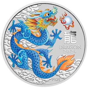 1 Unze Silber Lunar III Drache 2024 Farbmünze blau Vorderseite