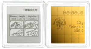 Vorderseite Goldbarren CombiBar Goldtafel 20x1 Gramm in spezieller Blisterkarte mit Zertifikat, der Hersteller Heraeus