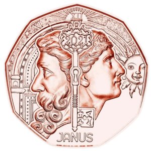  8,9 g Kupfer Neujahrsmünze Janus 2021, von dem Hersteller Münze Österreichorderseite  8,9 g Kupfer Neujahrsmünze Janus 2021, von dem Hersteller Münze Österreich