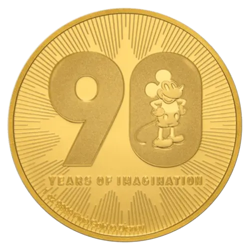 Vorderseite Goldmünze 1 Unze Disney Mickey Mouse 90. Geburtstag 2018, der Hersteller New Zealand Mint