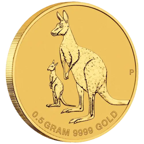 Seitenansicht Vorderseite Goldmünze 0,5 Gramm Australien Mini Roo 2020, der Hersteller Perth Mint Australia