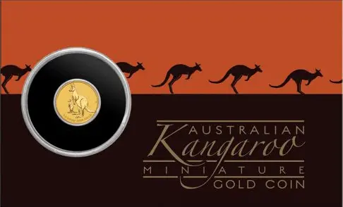 Vorderseite Goldmünze 0,5 Gramm Australien Mini Roo 2021 in spezieller Blisterkarte mit Zertifikat, der Hersteller Perth Mint Australia