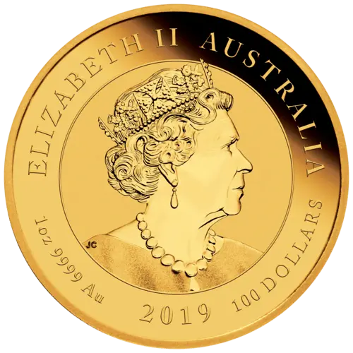 Rückseite Goldmünze 1 Unze 50 Jahre Mondlandung 2019, der Hersteller Perth Mint Australia