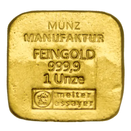 Vorderseite Goldbarren Quadratform 1 Unze, der Hersteller MünzManufaktur