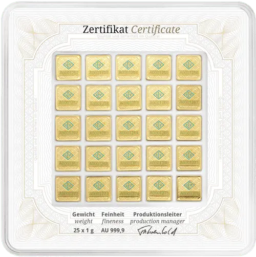 Rückseite Goldbarren original Multicard 25x1 Gramm, der Hersteller Geiger Edelmetalle AG