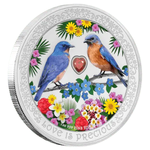 Seitenansicht der 1 Unze Silber Love is Precious Bluebirds von Hersteller New Zealand Mint