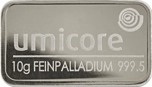 Vorderseite 10 g Palladiumbarren Umicore geprägt 