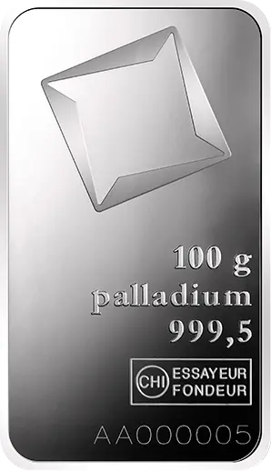 Vorderseite  100 g Palladiumbarren Valcambi geprägt