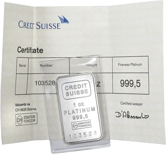 1 Unze Platinbarren Credit Suisse einzeln im Blister verschweißt, inkl. Echtheitszertifikat