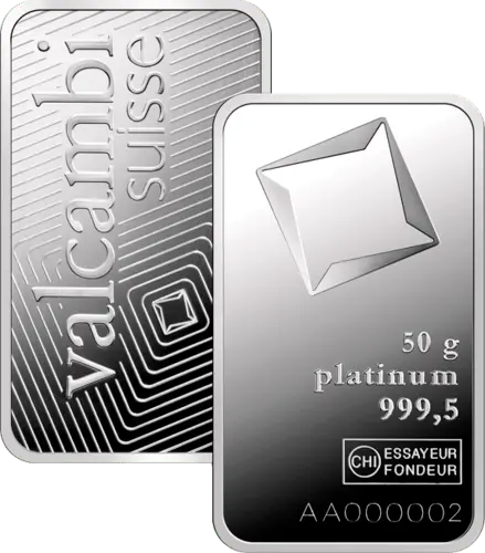 50 g Platinbarren Valcambi geprägt