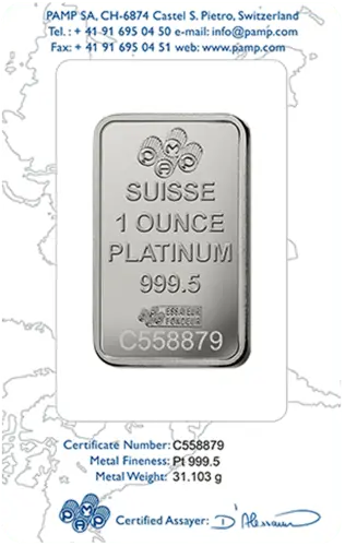 Vorderseite 1 Unze Platinbarren PAMP Suisse Fortuna in spezieller Blisterkarte mit Zertifikat