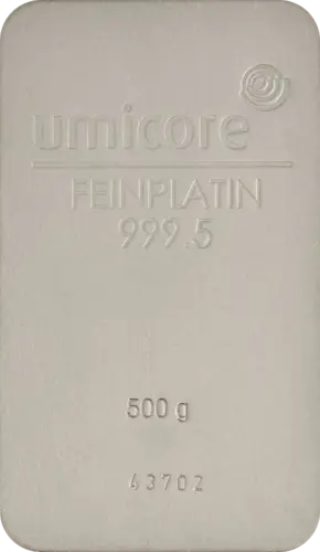 500 g Platinbarren Umicore geprägt