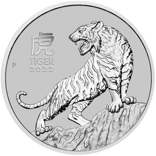 Vorderseite der 1 Unze Platin Lunar III Tiger 2022 Münze vom Hersteller Perth Mint