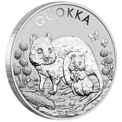 Vorderseite und Rand der 1 Unze Silber Quokka 2021 von Hersteller Perth Mint