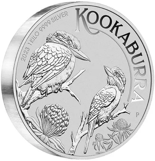 Vorderseite und Rand von 1 Kilo Silber Kookaburra 2023 von Hersteller Perth Mint