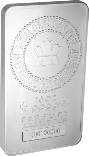 Vorderseite der Silberbarren 10 Unzen Royal Canadian Mint geprägt von Hersteller Royal Canadian Mint