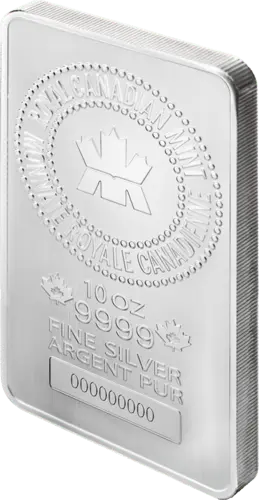 Seitenansicht der Silberbarren 10 oz Royal Canadian Mint geprägt von Hersteller Royal Canadian Mint