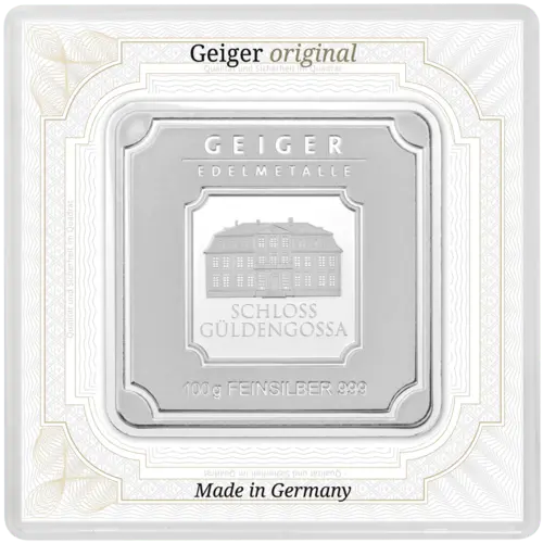 Vorderseite des 100 g Silberbarren Geiger original von Hersteller Geiger Edelmetalle 