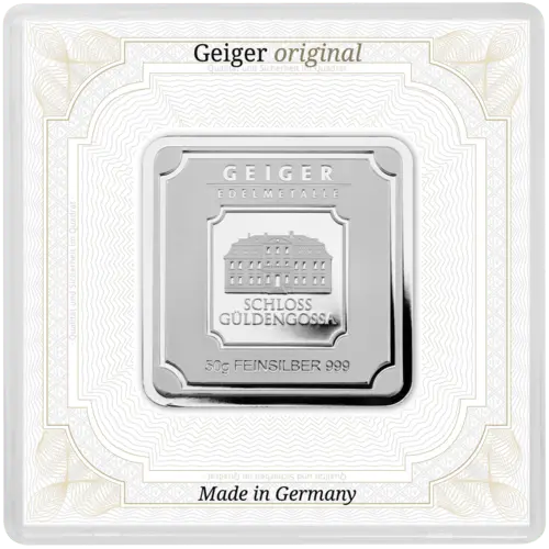 Vorderseite des 50 g Silberbarren Geiger original von Hersteller Geiger Edelmetalle AG