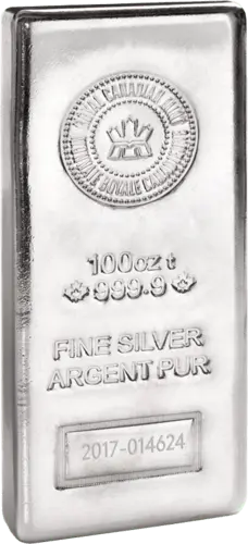 Vorderseite der 100 oz Silberbarren Royal Canadian Mint gegossen von Hersteller Royal Canadian Mint