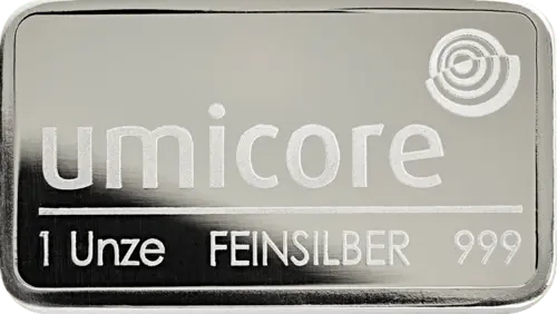 1 Unze Silberbarren Umicore geprägt von Hersteller Umicore