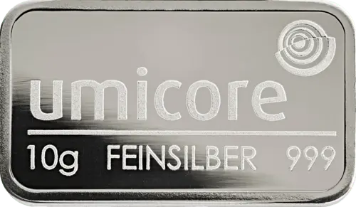 10 g Silberbarren Umicore geprägt von Herstellern Umicore