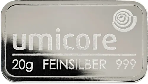 20 g Silberbarren Umicore geprägt von Hersteller Umicore