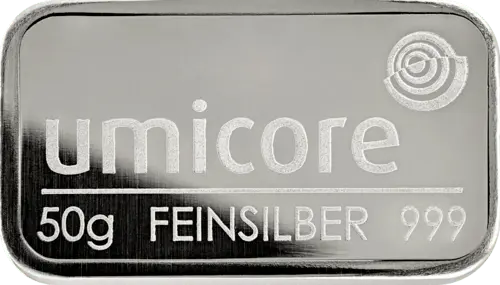 50 g Silberbarren Umicore geprägt von Hersteller Umicore