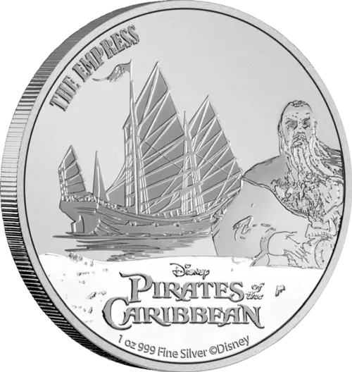 Vorderseite und Rand der 1 Unze Silber Disney Fluch der Karibik The Empress 2021 von Hersteller New Zealand Mint