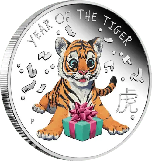 Vorderseite und Rand der 1/2 Unze Silber Tiger 2022 - Polierte Platte von Hersteller Perth Mint