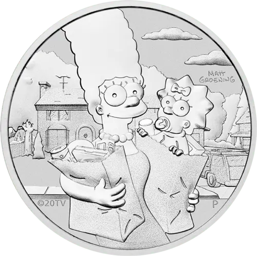 Vorderseite der 1 Unze Silber The Simpsons Marge und Maggie 2021 von Hersteller Perth Mint