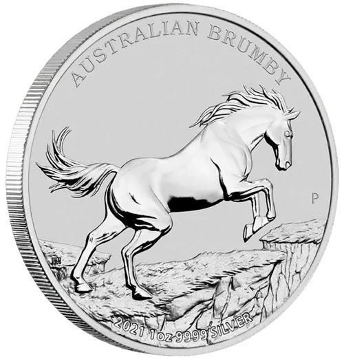 Vorderseite und Rand der 1 Unze Silber Brumby 2021 von Hersteller Perth Mint