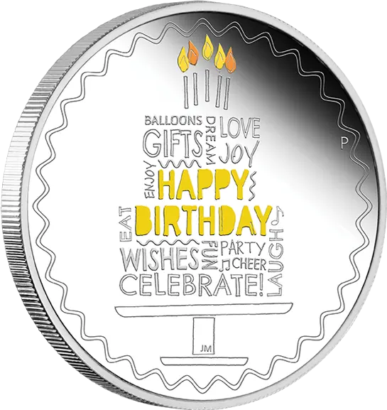 Vorderseite und Rand der 1 Unze Silber Happy Birthday 2022 - Polierte Platte von Hersteller Perth Mint