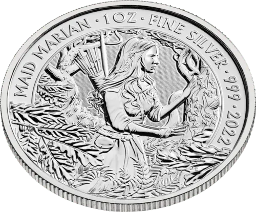 Vorderseite und Rand 1 Unze Silber Mythen und Legenden Maid Marian 2022 von Hersteller Royal Mint